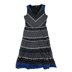 T Tahari Dress Sleeveless V--Neck Black White Blue Stretch Small Lined Nylon. Po